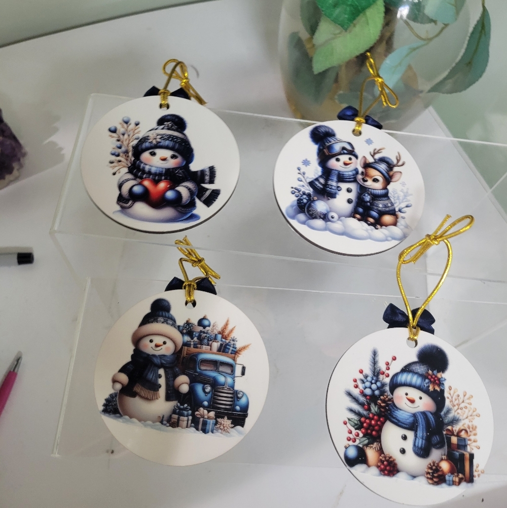NWT 4 HANDMADE 2 SIDED BLUE SNOWMAN ORNAMENTS CHRISTMAS W Glittery Snow And Bow - Picture 4 of 6